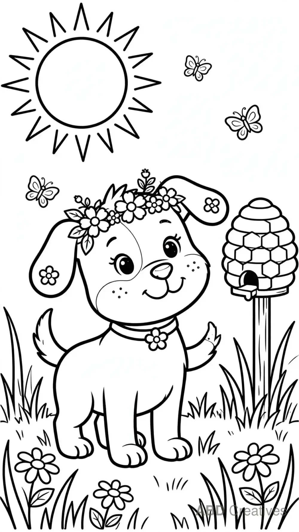 Dog with a Flower Crown in Spring Meadow Coloring Page