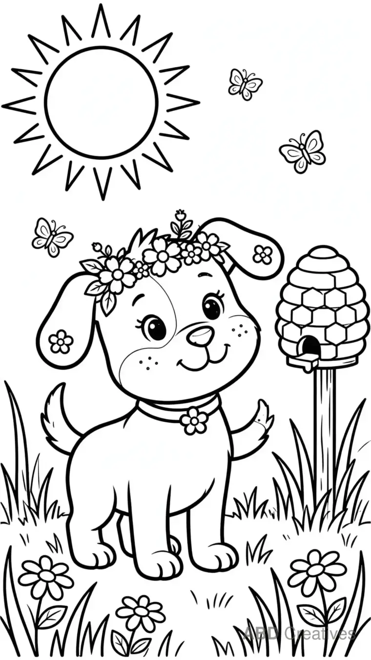 Dog with a Flower Crown in Spring Meadow Coloring Page
