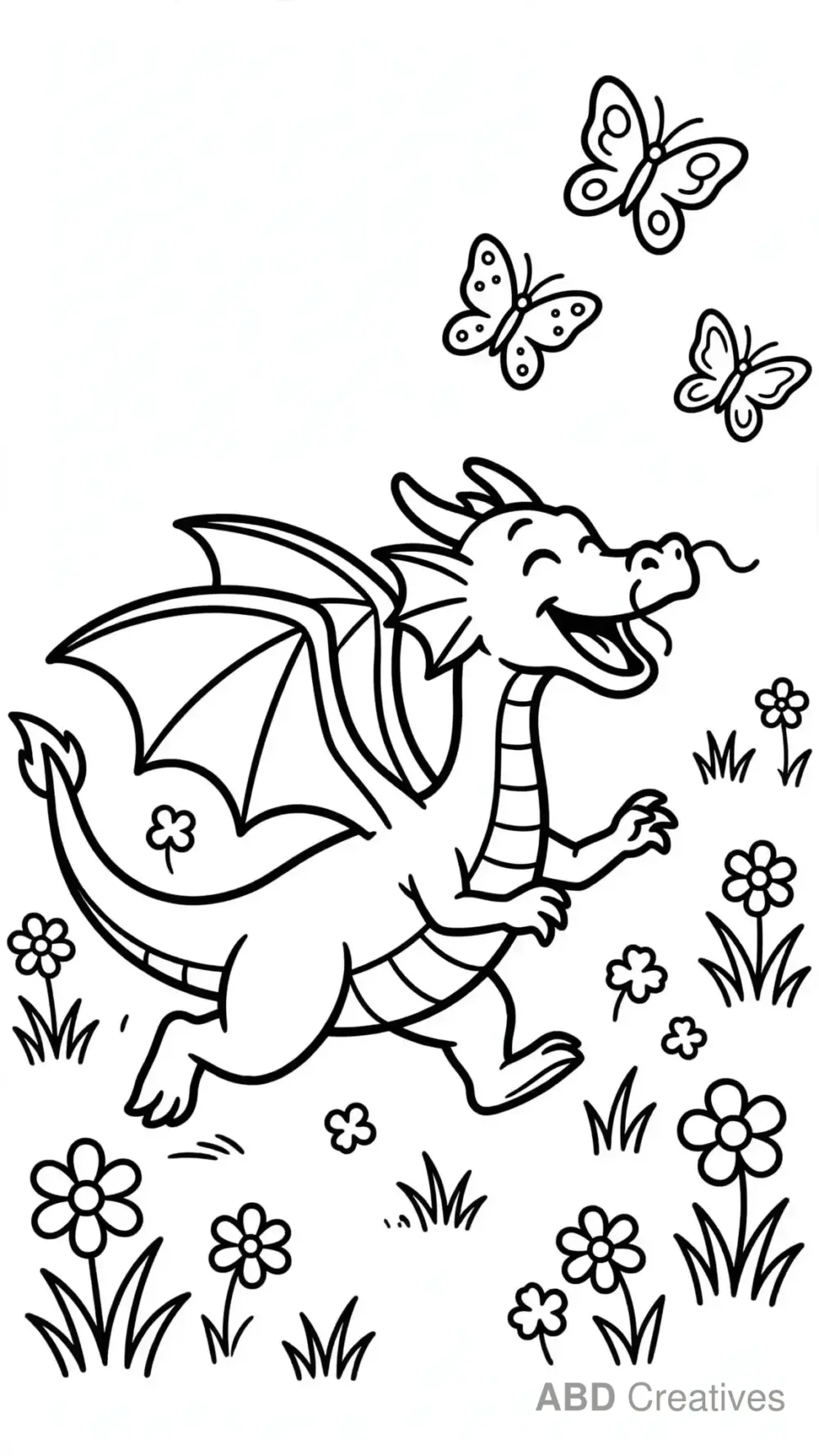 Dragon Chasing Butterflies Coloring Page
