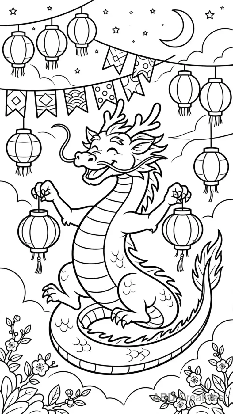 Dragon Dancing with Lanterns Coloring Page