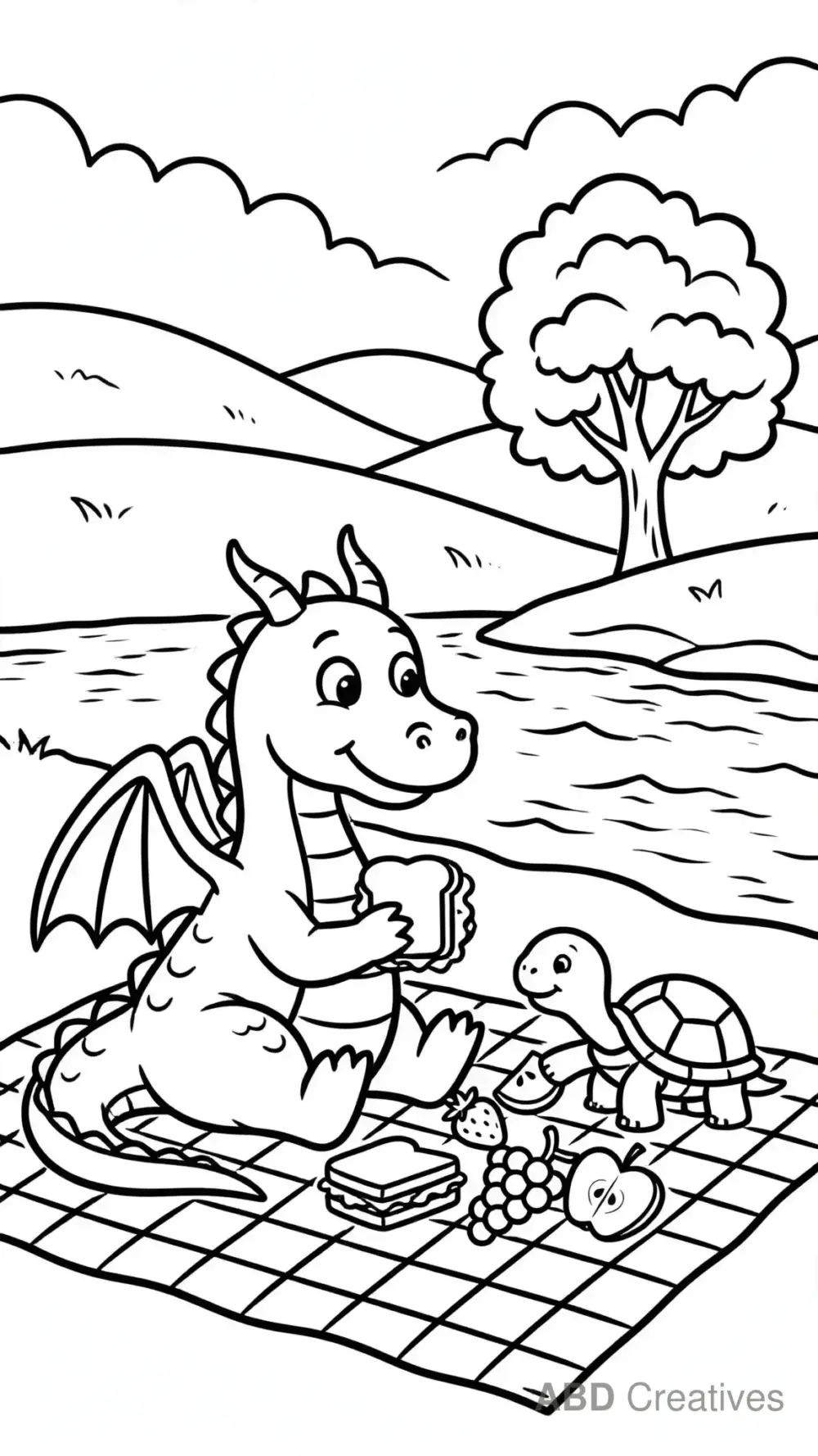 Dragon Picnic with a Turtle Friend Coloring Page