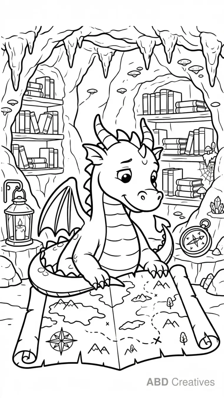 Dragon Reading a Treasure Map Coloring Page
