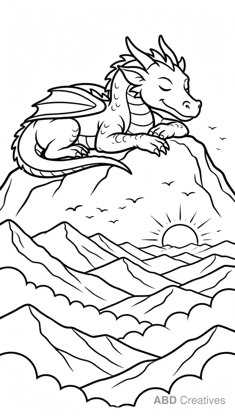 Dragon Resting on a Mountain Peak Coloring Page