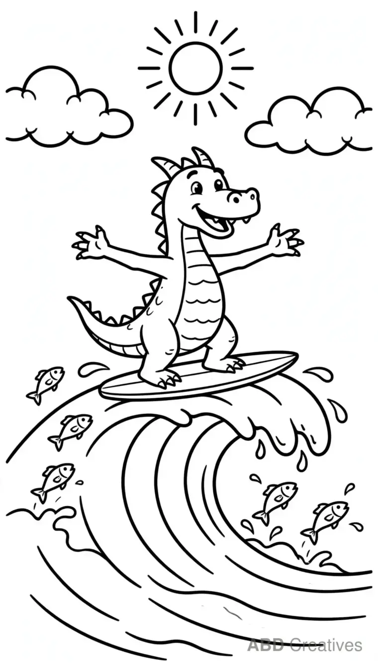 Dragon Surfing a Wave Coloring Page