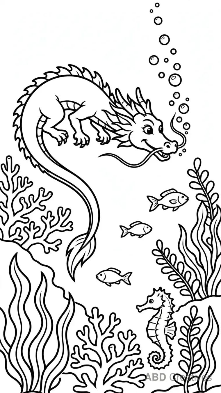 Dragon Swimming in a Coral Reef Coloring Page