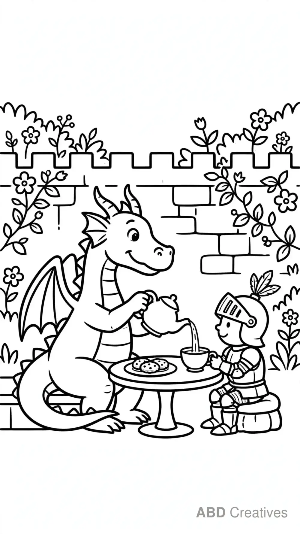 Dragon Tea Party with a Knight Coloring Page