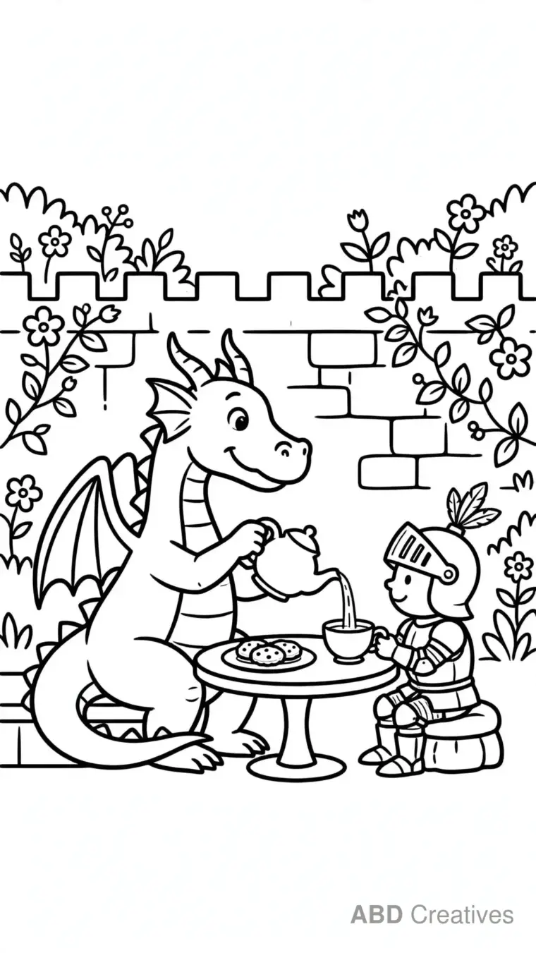 Dragon Tea Party with a Knight Coloring Page