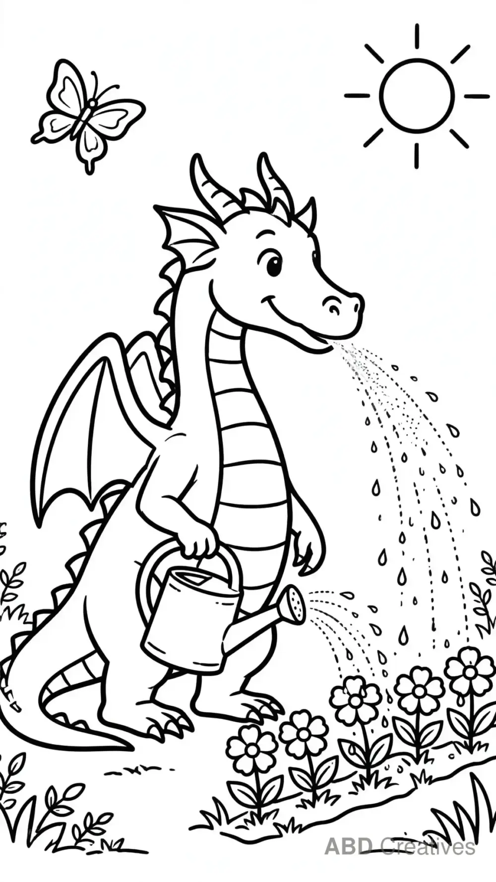 Dragon Watering Flowers Coloring Page