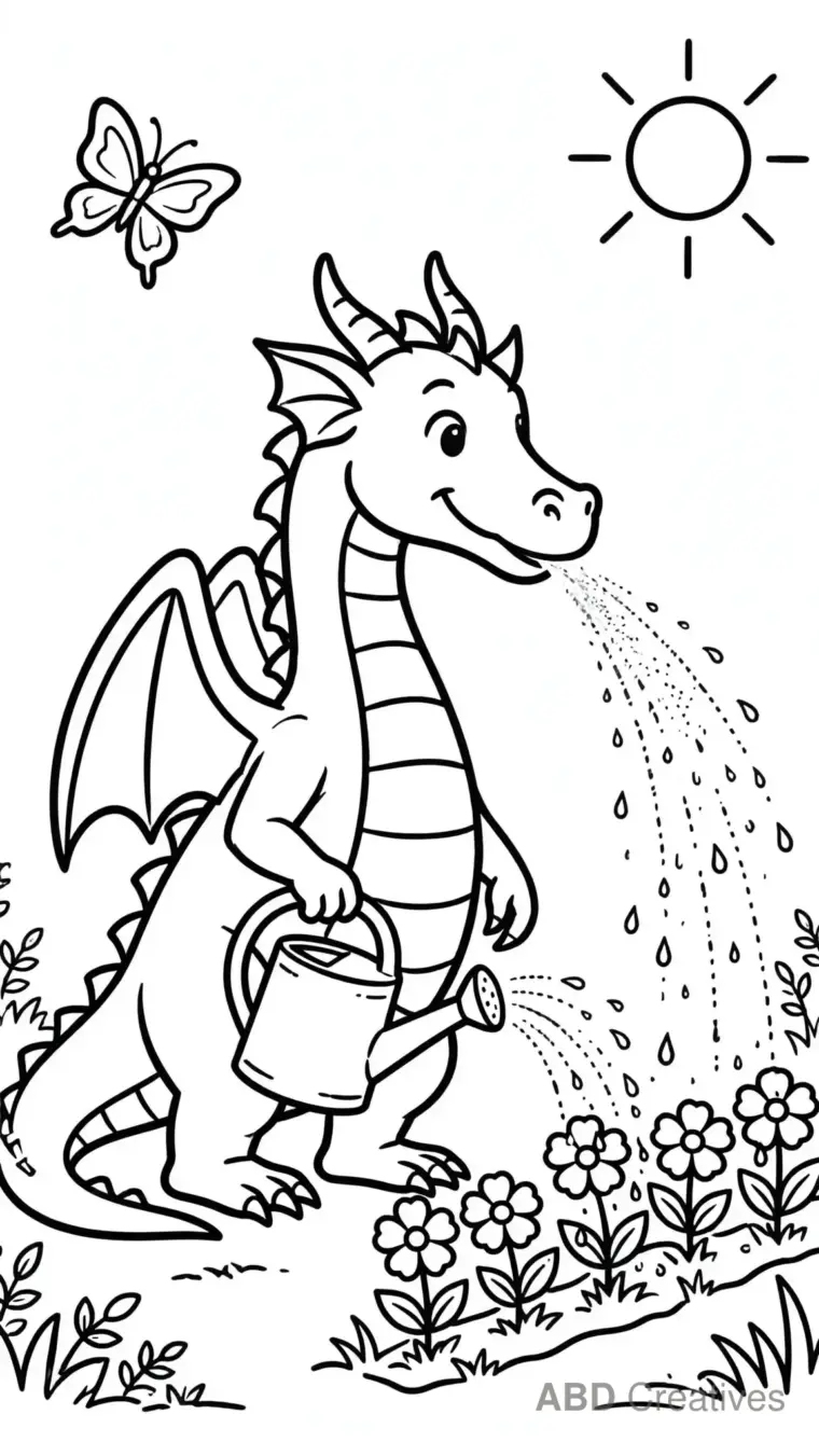 Dragon Watering Flowers Coloring Page