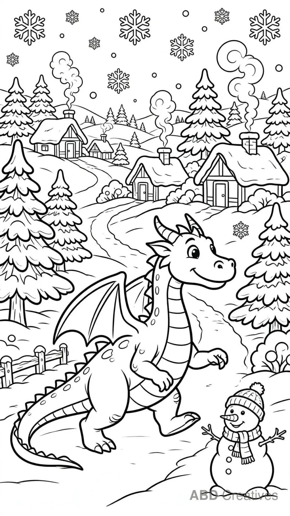 Dragon in a Snowy Village Coloring Page