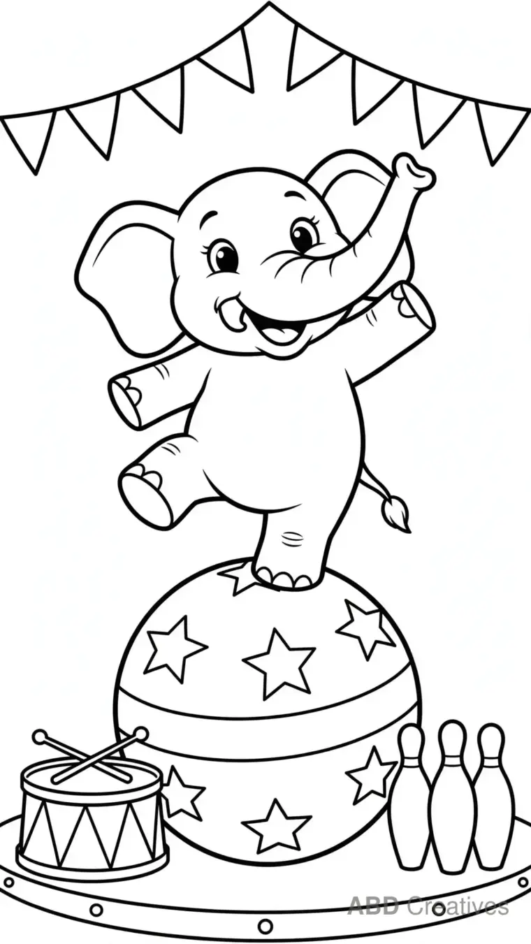 Elephant Balancing on a Circus Ball Coloring Page