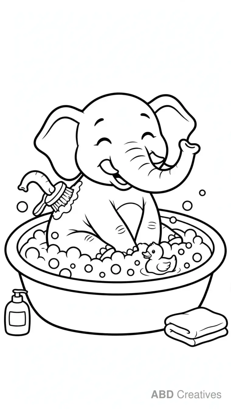 Elephant Bath Time with Bubbles Coloring Page