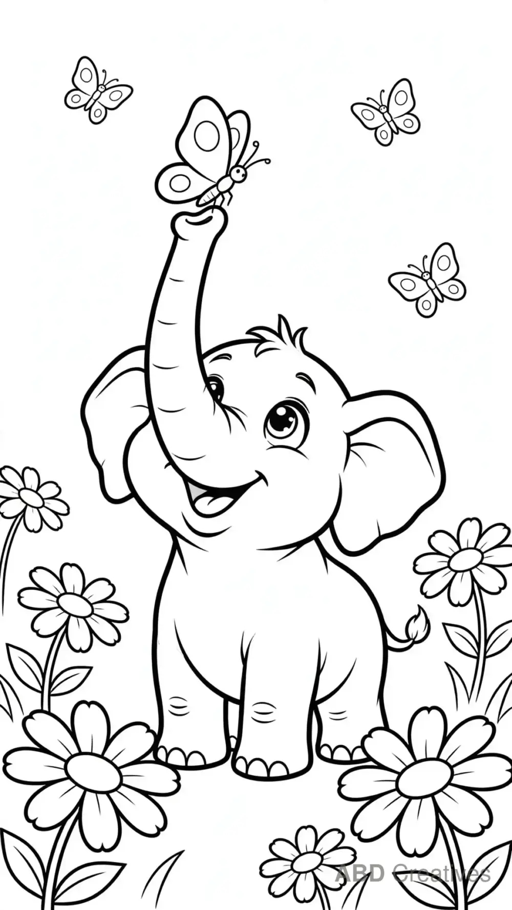Elephant Calf and a Butterfly Coloring Page