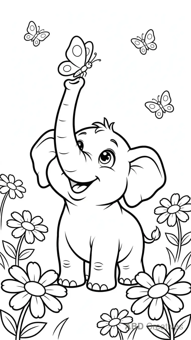 Elephant Calf and a Butterfly Coloring Page