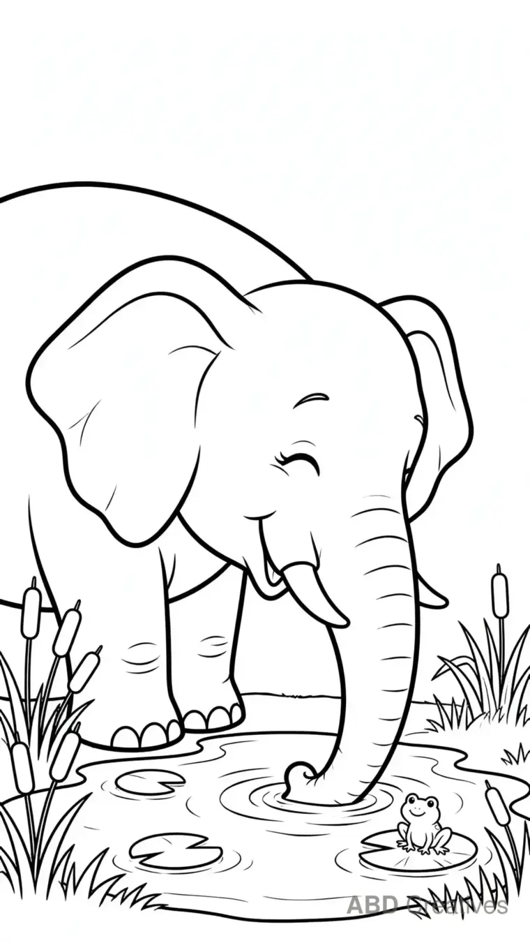 Elephant Drinking at a Pond Coloring Page