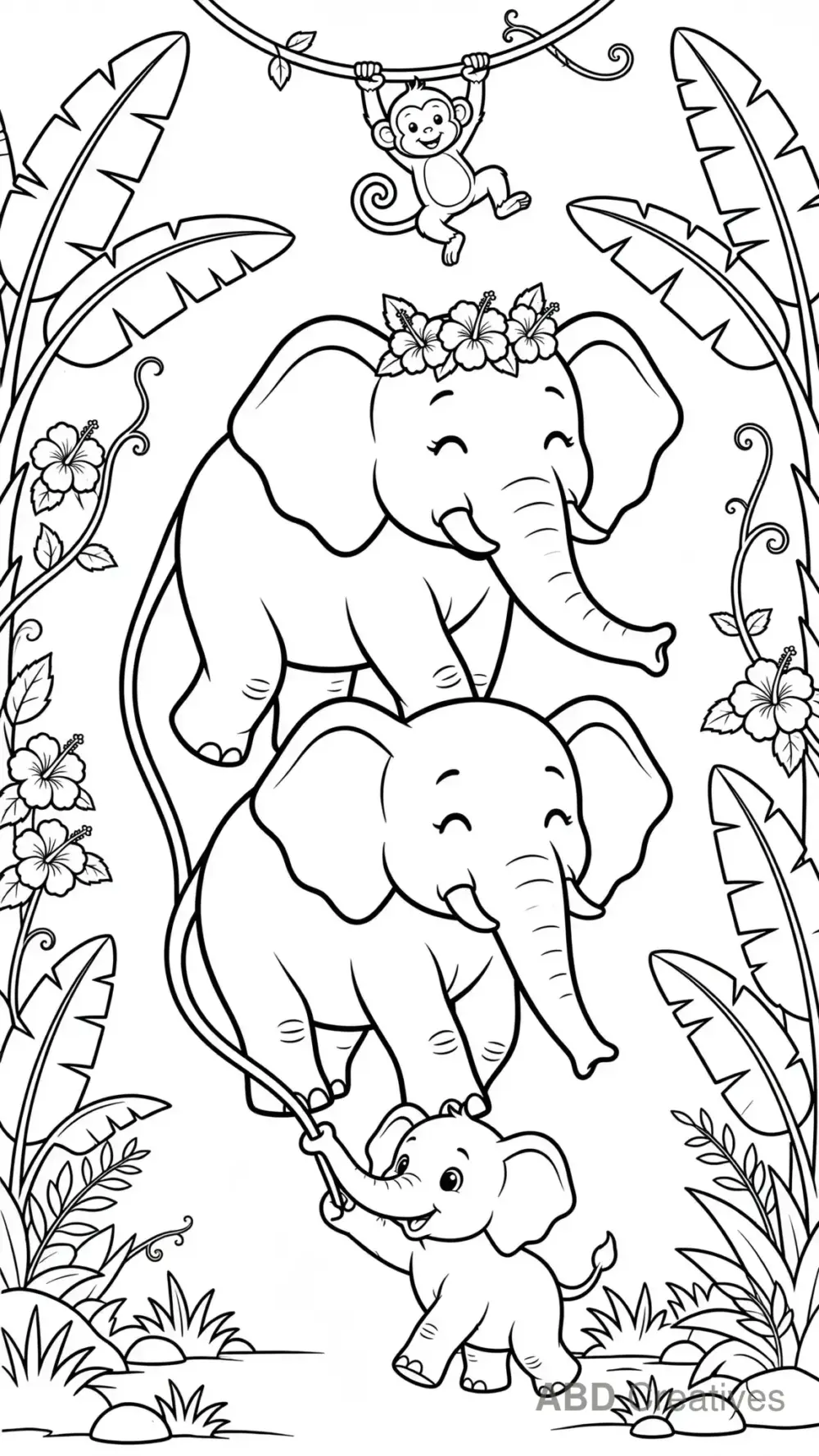 Elephant Family Walking in Line Coloring Page