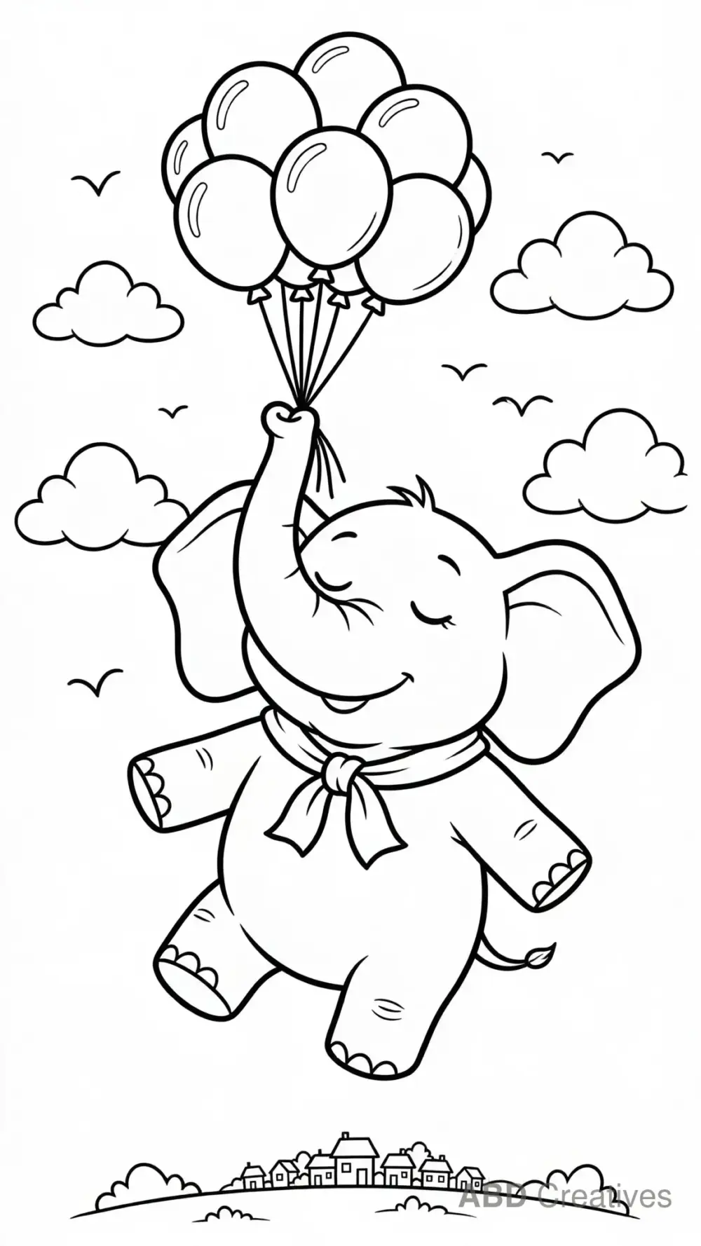 Elephant Flying with Balloons Coloring Page
