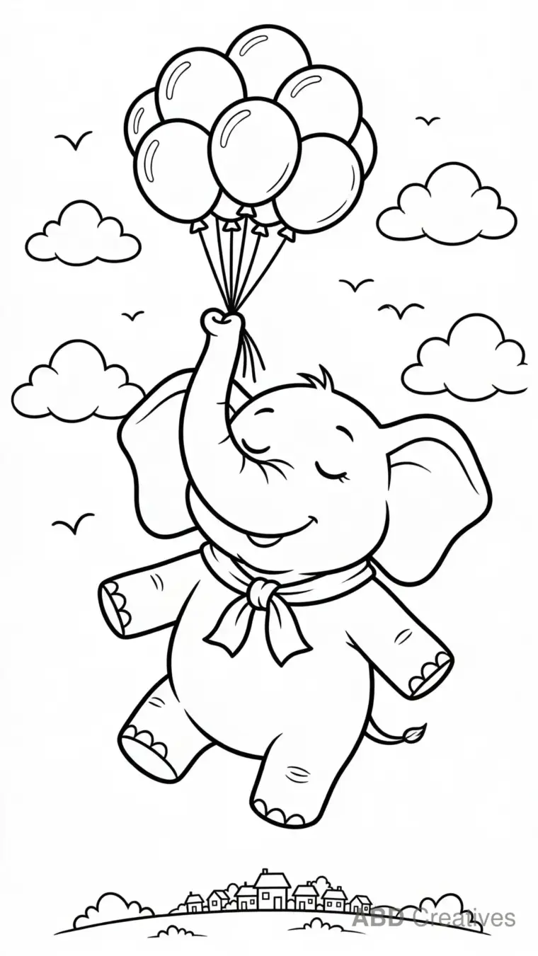 Elephant Flying with Balloons Coloring Page