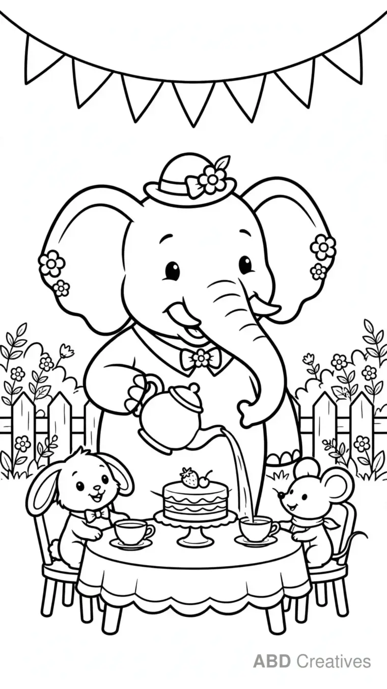 Elephant Hosting a Tea Party Coloring Page
