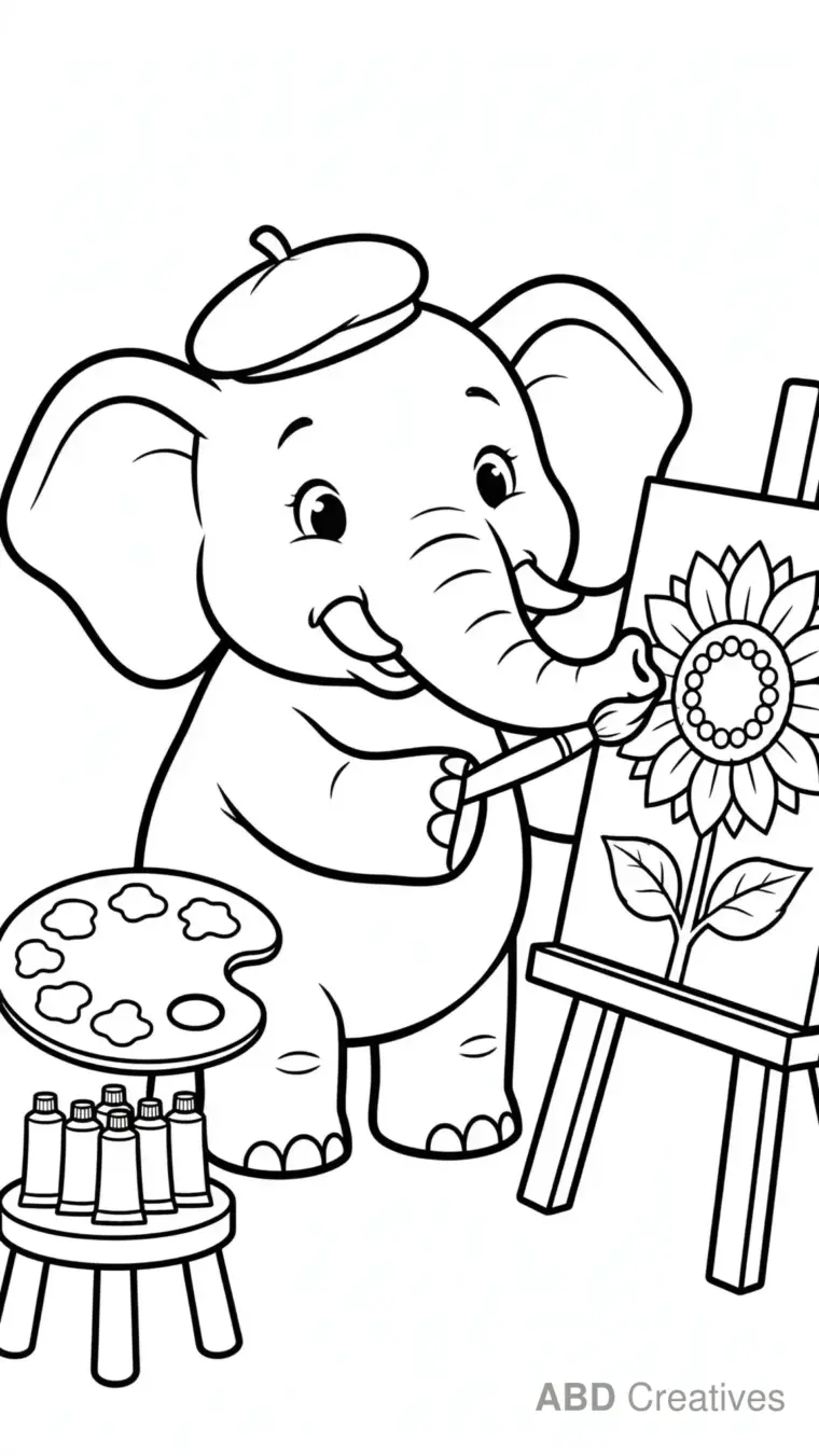 Elephant Painting a Picture Coloring Page
