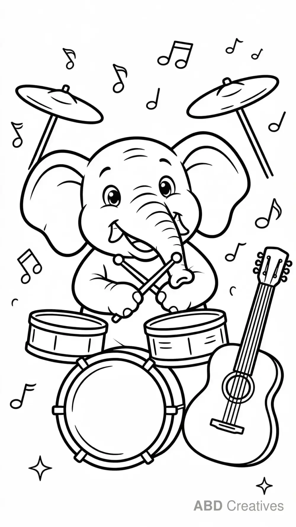 Elephant Playing Drums in a Band Coloring Page