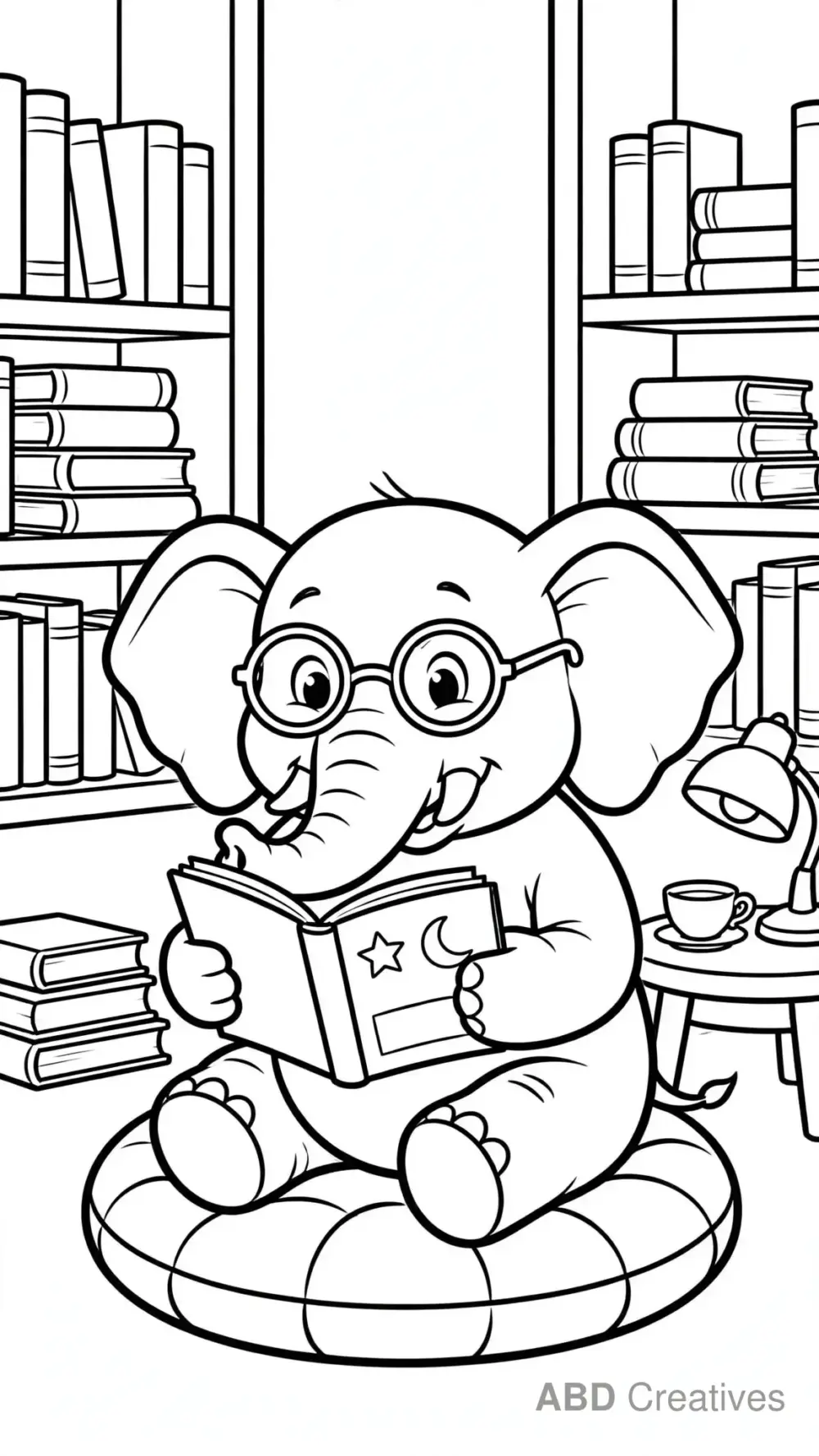 Elephant Reading a Book Coloring Page