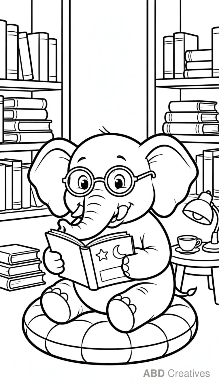 Elephant Reading a Book Coloring Page