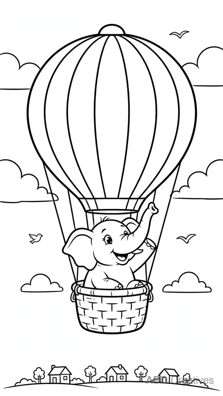 Elephant Riding a Hot Air Balloon Coloring Page