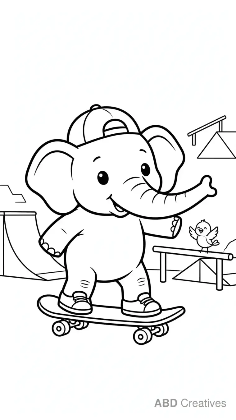 Elephant Riding a Skateboard Coloring Page