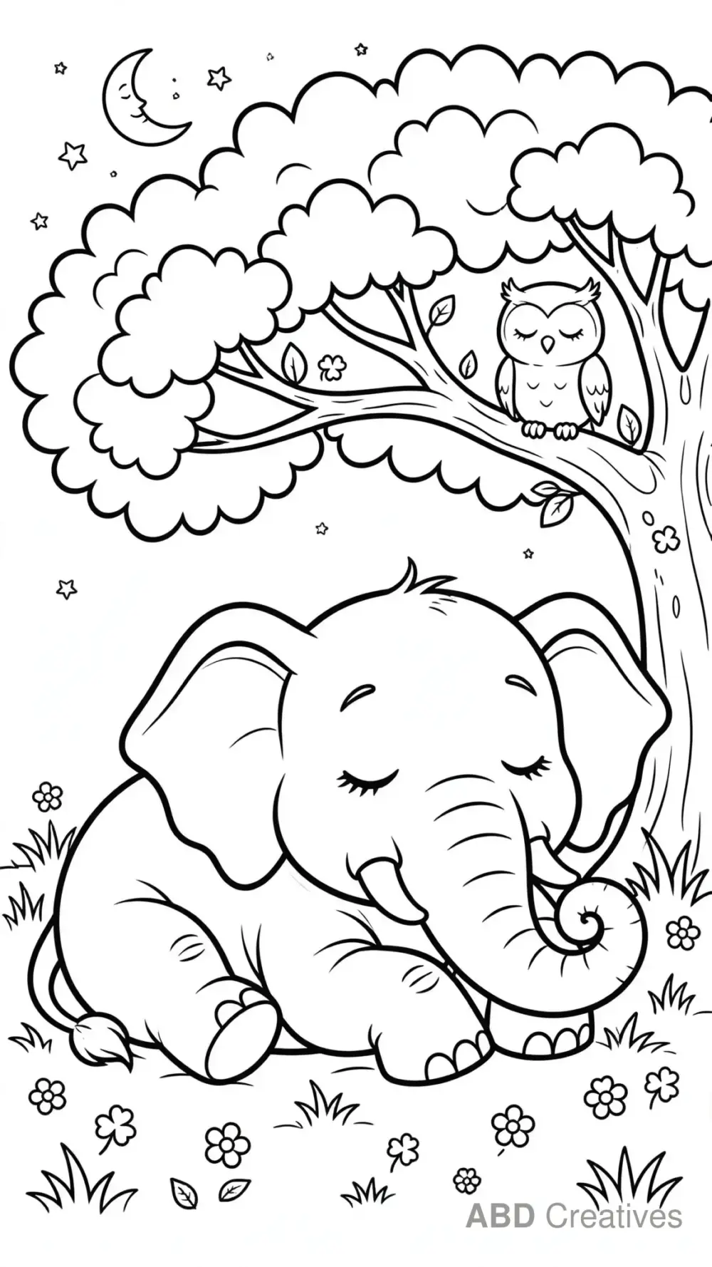 Elephant Sleeping under a Tree Coloring Page