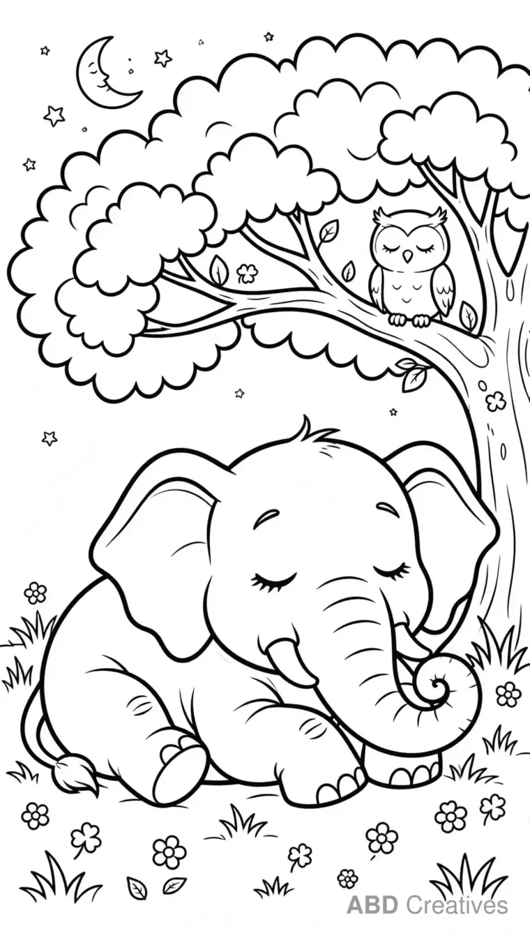 Elephant Sleeping under a Tree Coloring Page