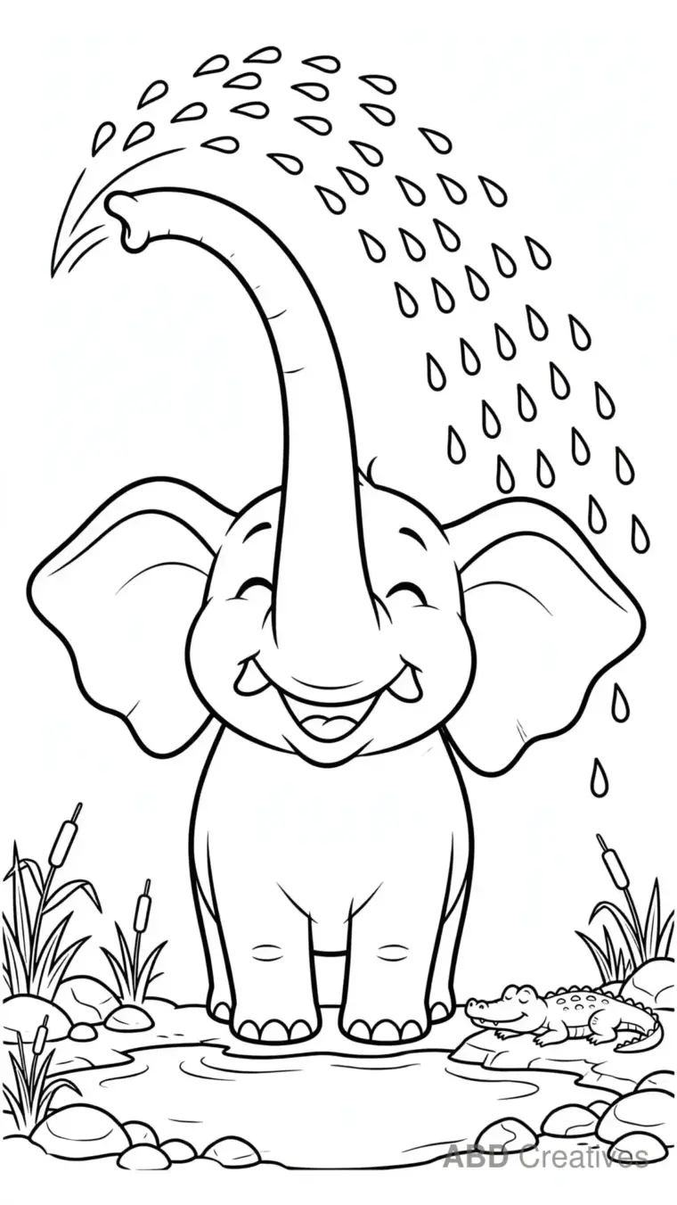 Elephant Spraying Water Shower Coloring Page