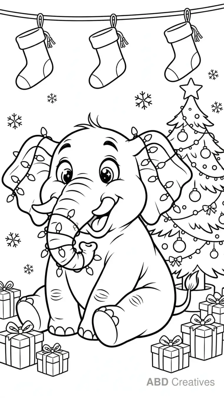 Elephant Tangled in Christmas Lights Coloring Page