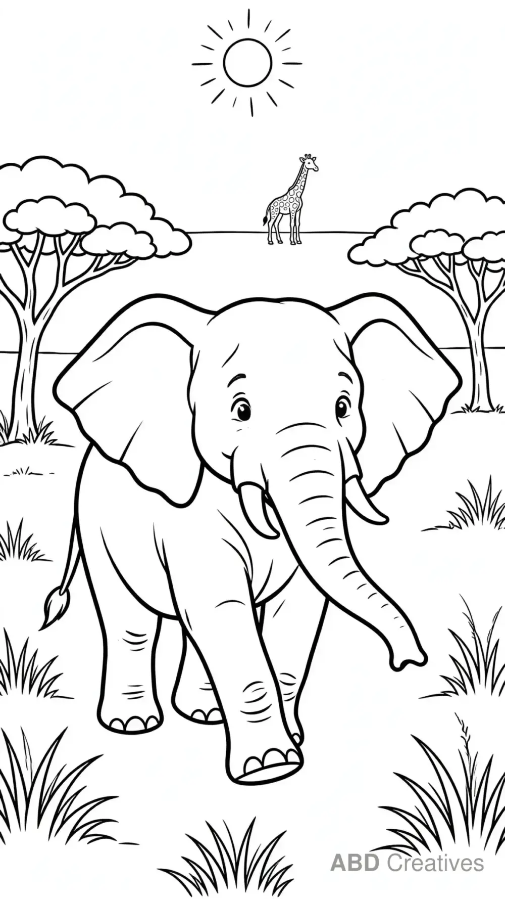 Elephant Walking in the Savanna Coloring Page