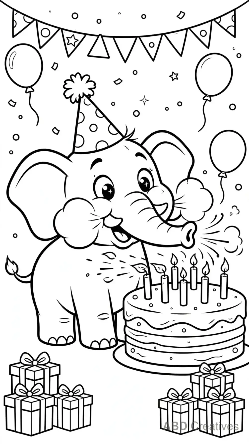 Elephant at a Birthday Party with Cake Coloring Page