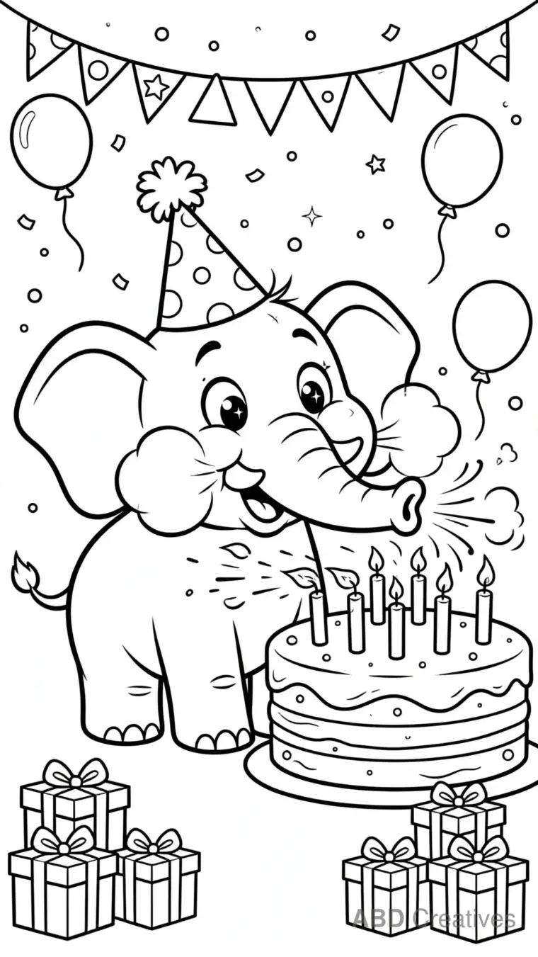 Elephant at a Birthday Party with Cake Coloring Page