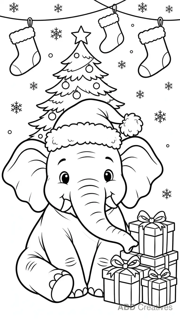 Elephant in a Santa Hat with Gifts Coloring Page