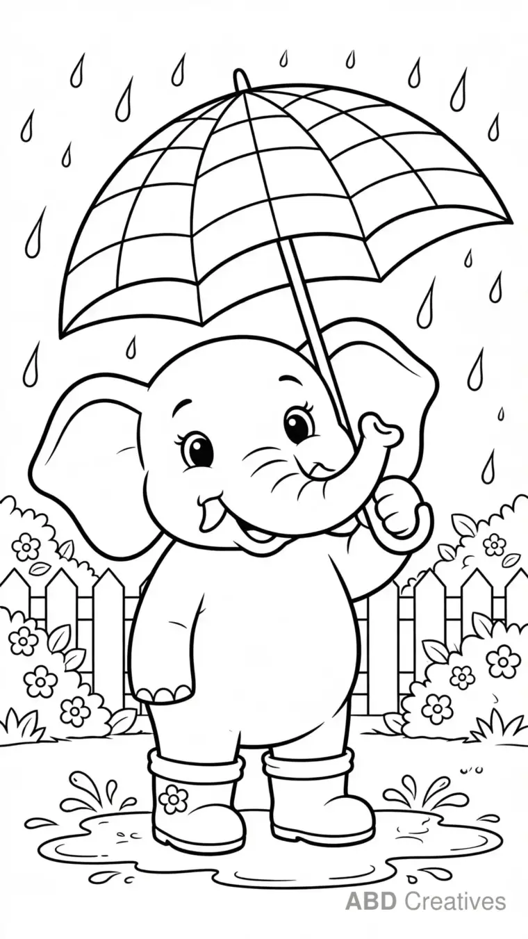 Elephant in the Rain with Umbrella Coloring Page