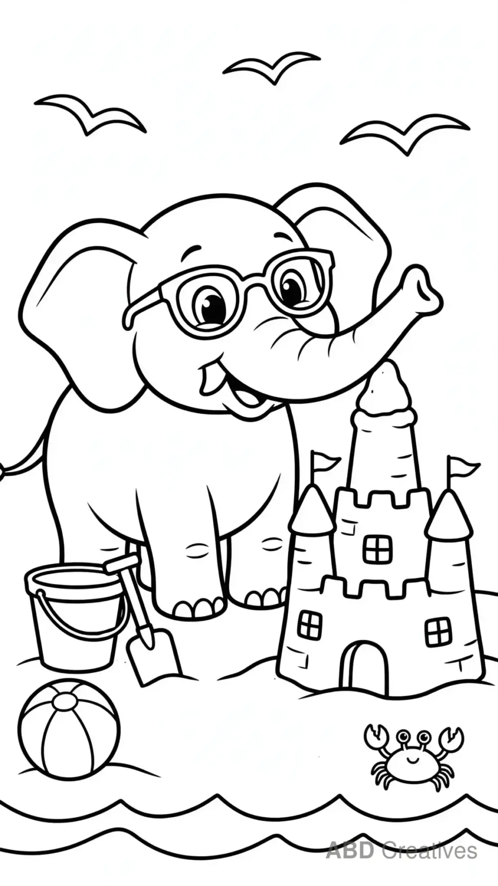 Elephant on the Beach with Sandcastle Coloring Page