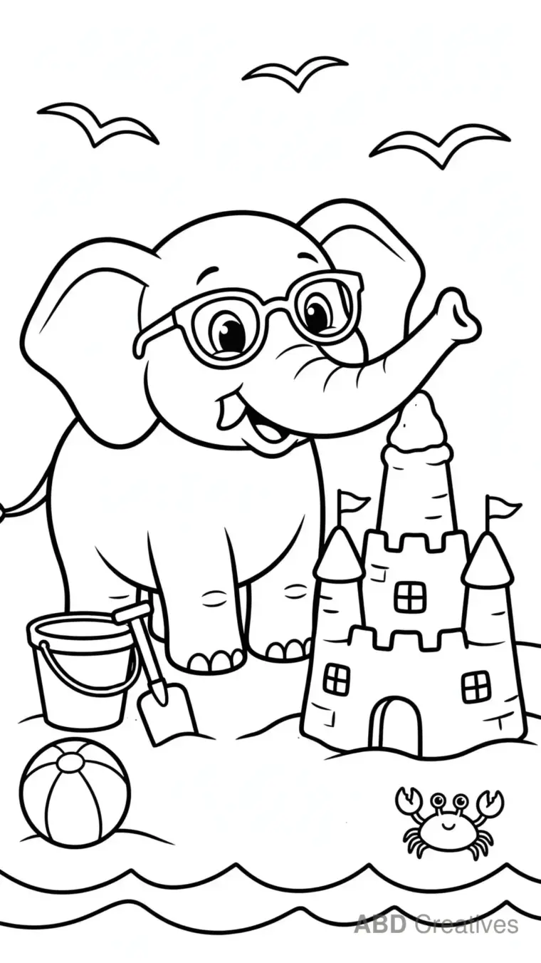 Elephant on the Beach with Sandcastle Coloring Page
