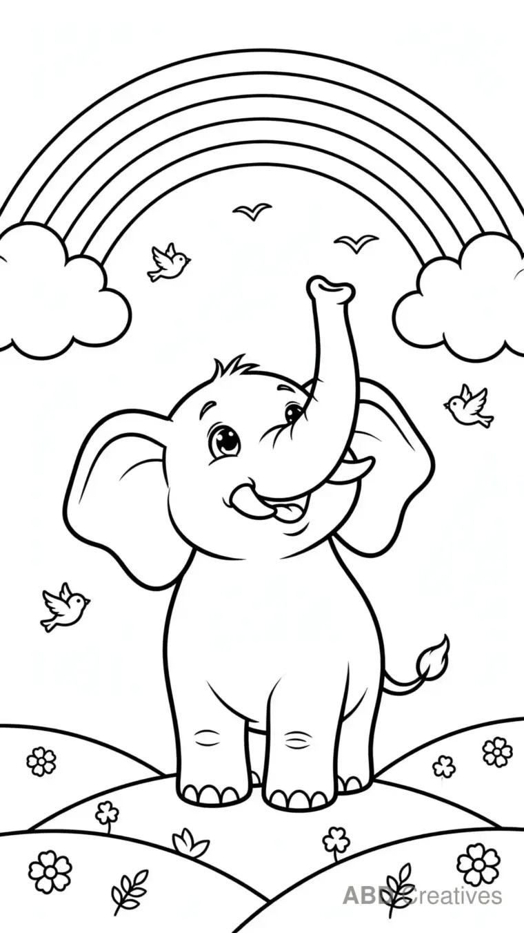 Elephant under a Rainbow Coloring Page