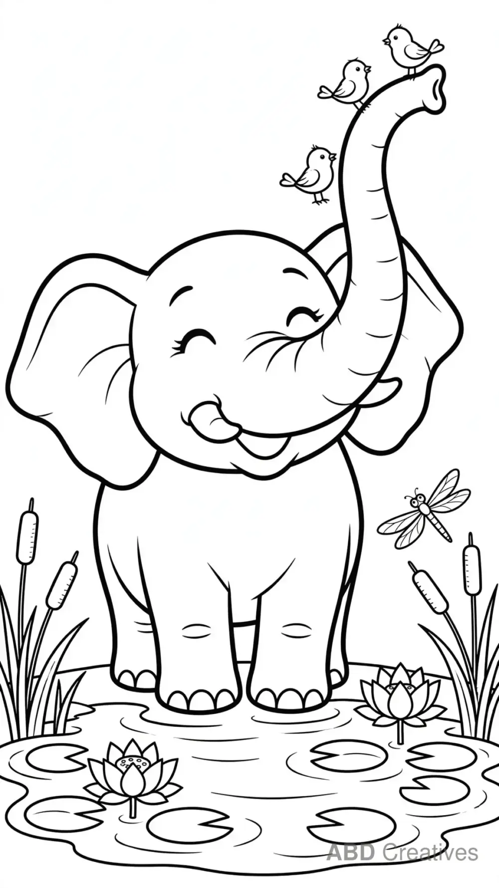 Elephant with Bird Friends on Trunk Coloring Page