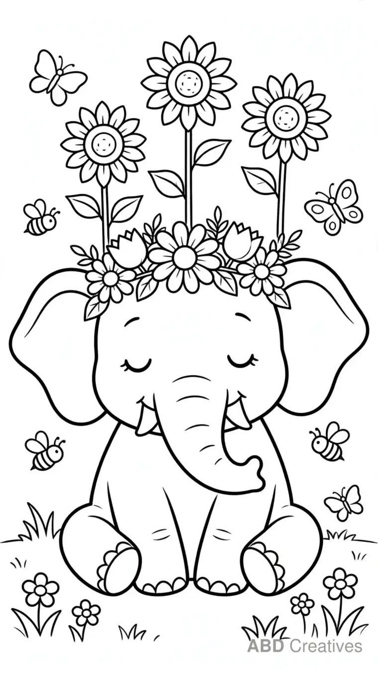 Elephant with a Flower Crown Coloring Page