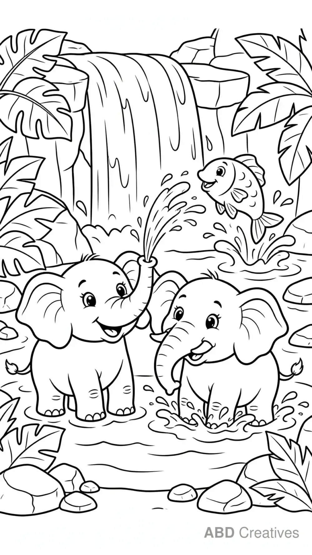 Elephants in a Waterfall Pool Coloring Page