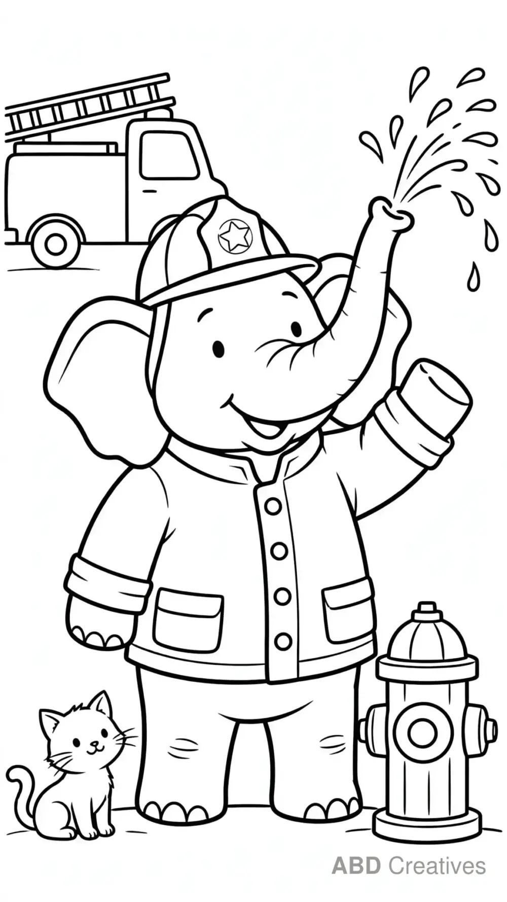 Firefighter Elephant with Hydrant Coloring Page