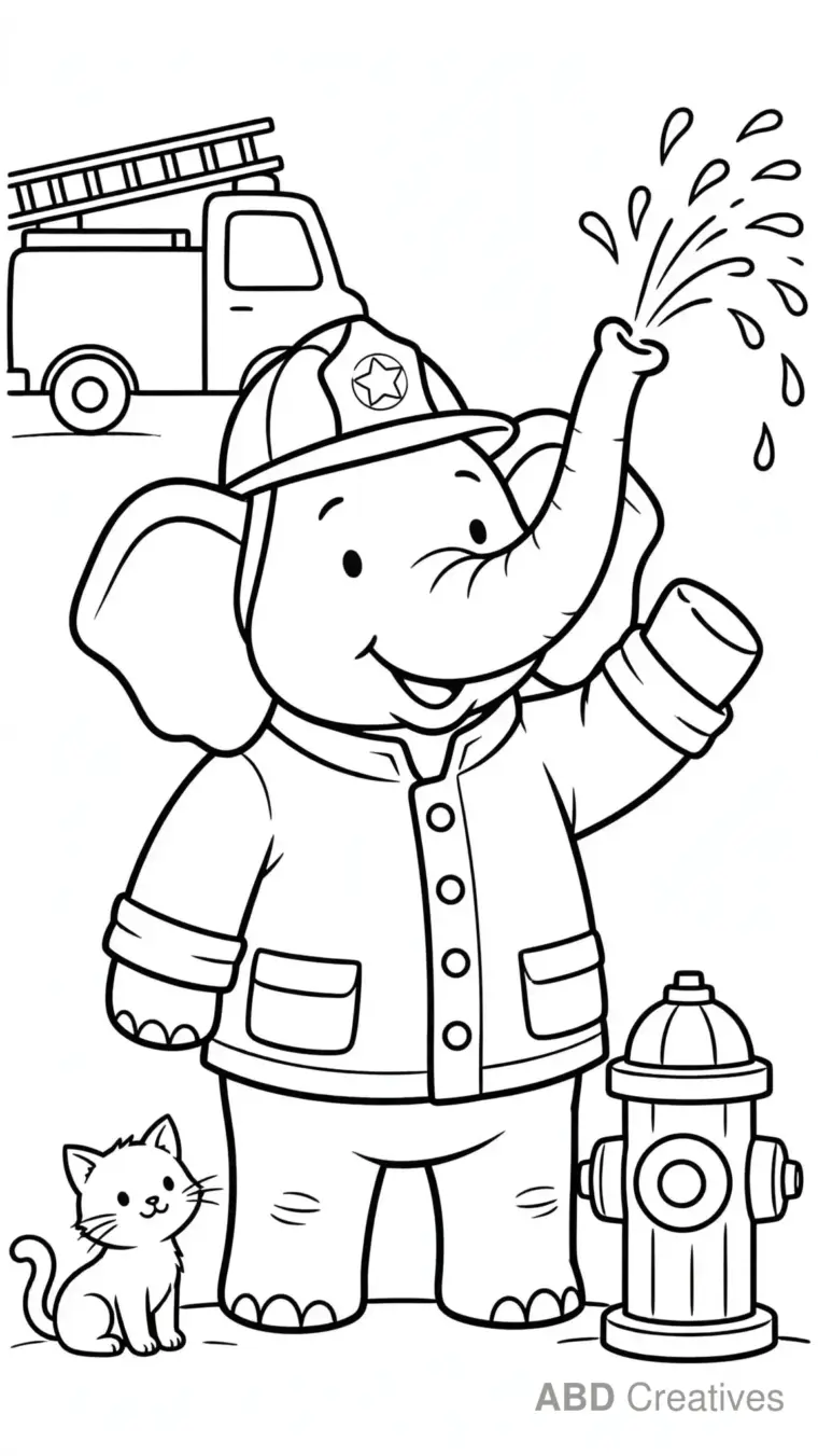 Firefighter Elephant with Hydrant Coloring Page