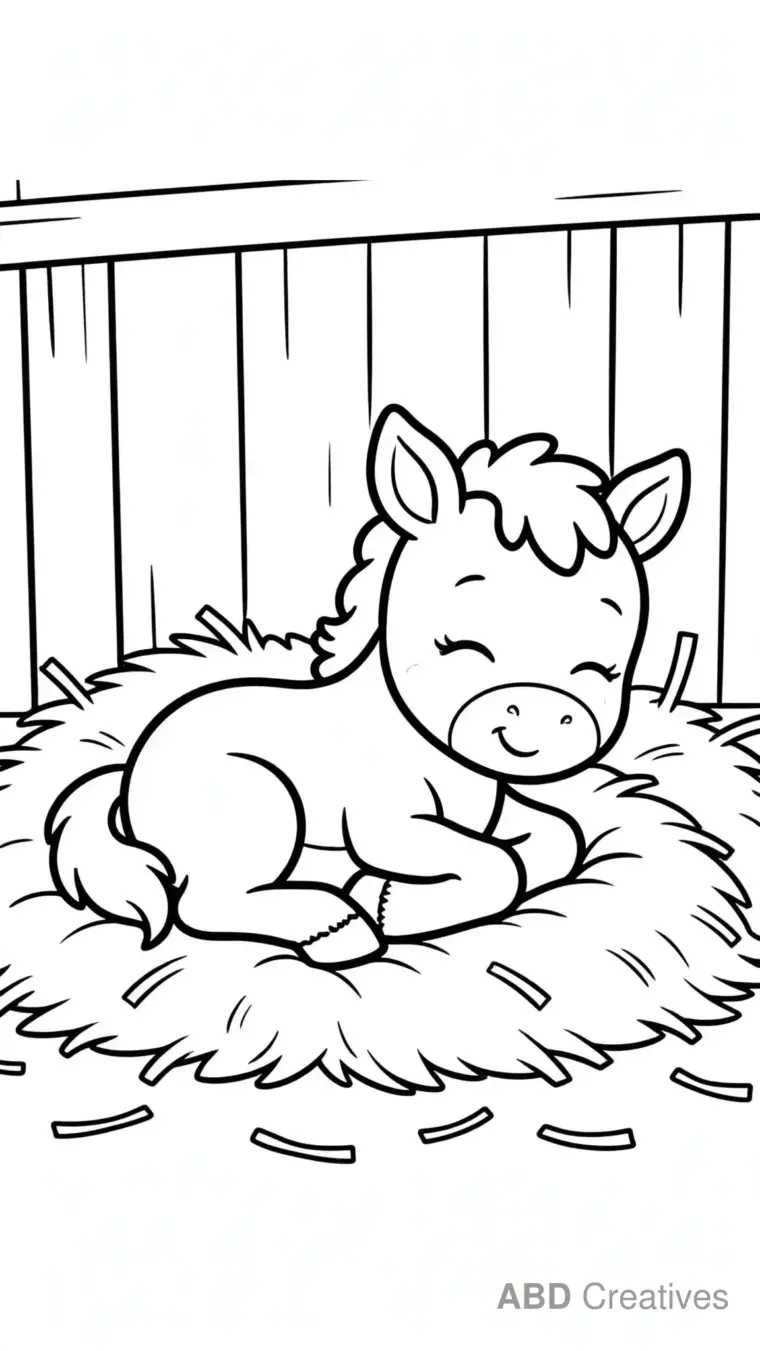 Foal Sleeping on Soft Hay Coloring Page
