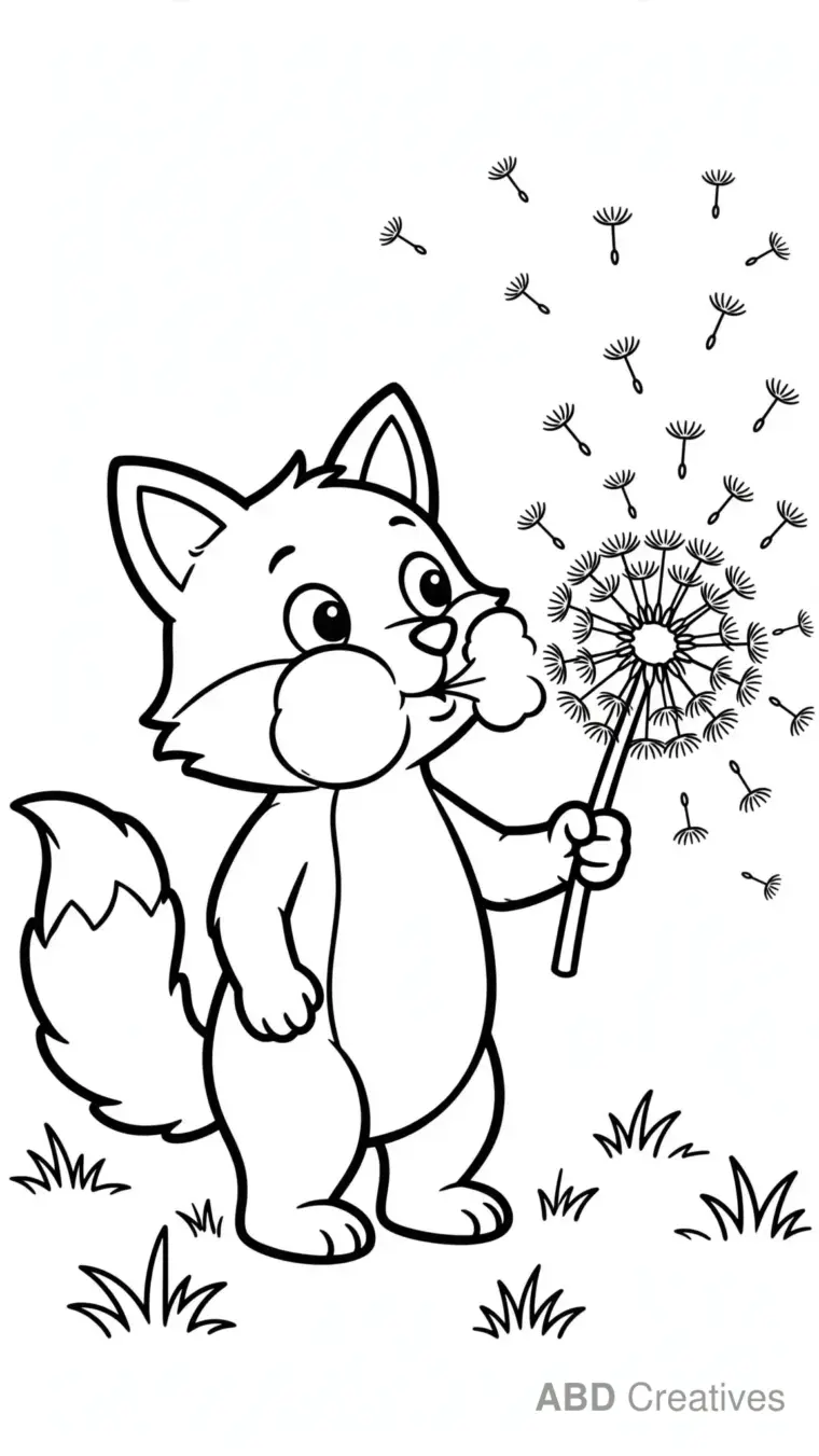 Fox Blowing a Dandelion Coloring Page