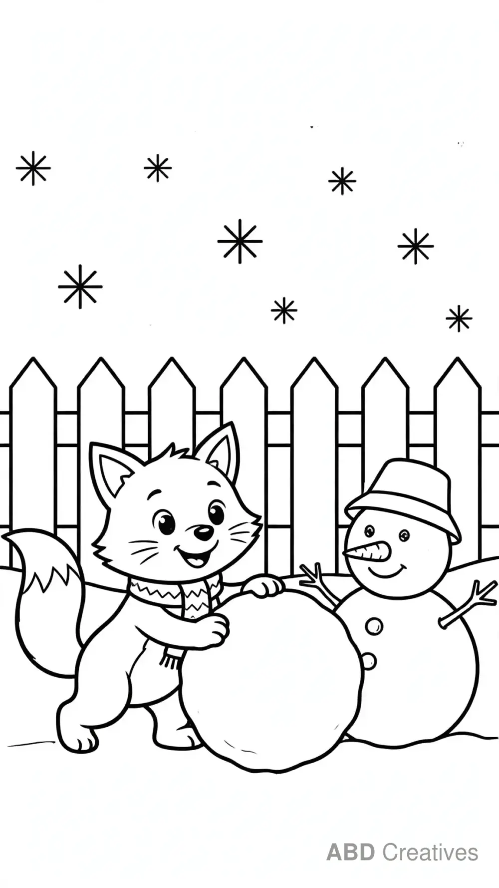 Fox Building a Snowman Coloring Page