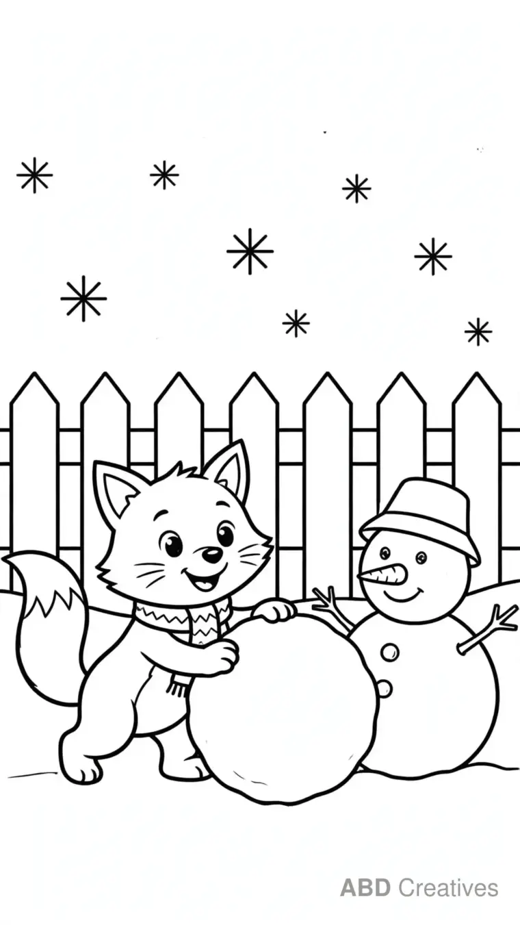 Fox Building a Snowman Coloring Page